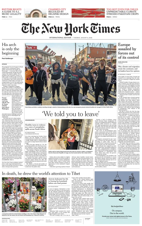 Portada de The New York Times (international) del 2026-08-11