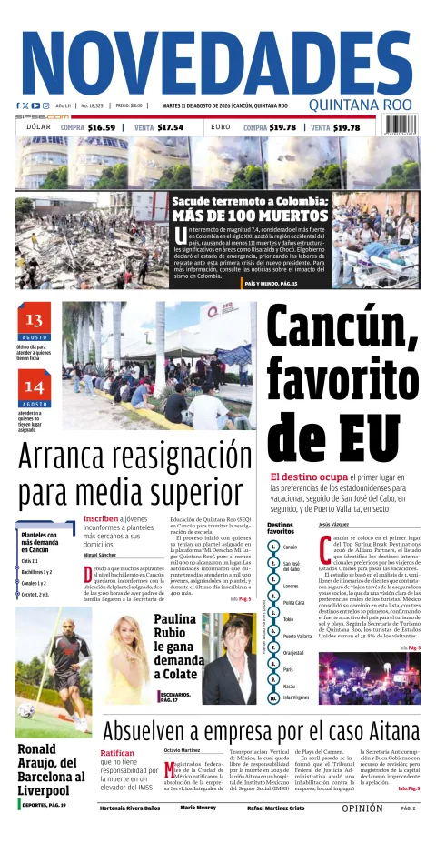 Portada de Novedades Quintana Roo del 2026-08-11