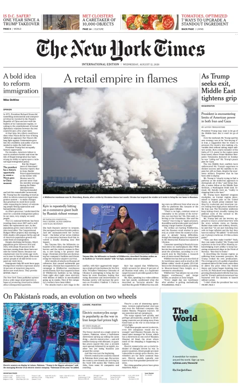 Portada de The New York Times (international) del 2026-08-12