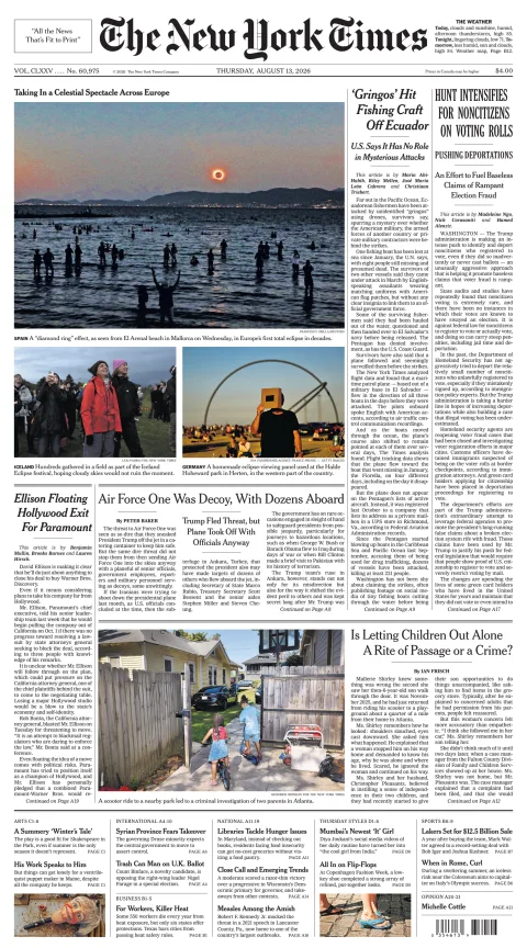 Portada de The New York Times (new York) del 2026-08-13