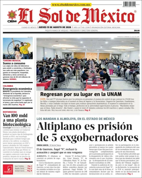 Portada de El Sol de Mexico del 2026-08-13