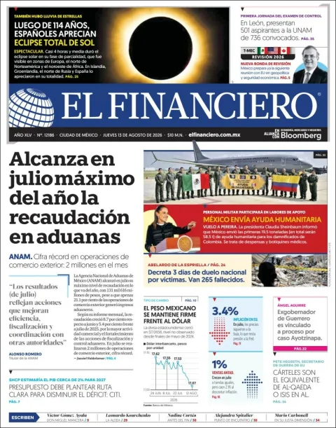 Portada de El Financiero del 2026-08-13
