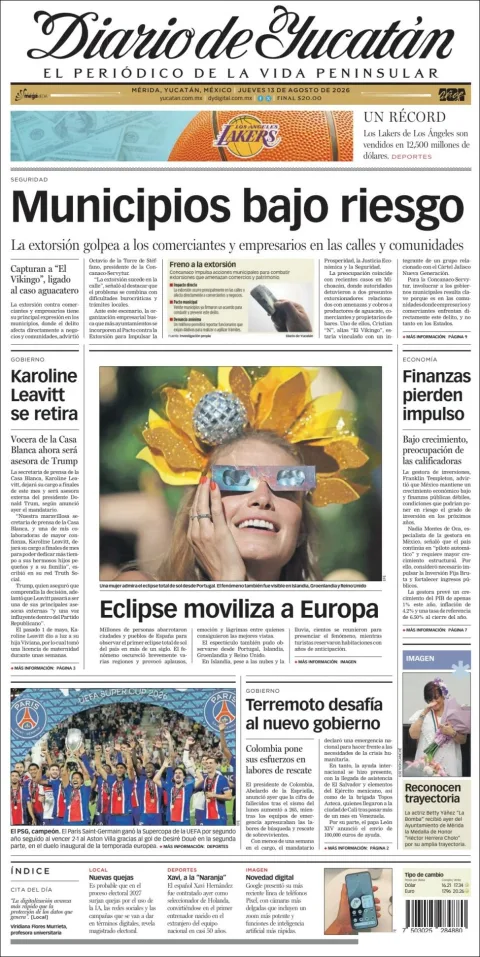 Portada de Diario de Yucatán del 2026-08-13