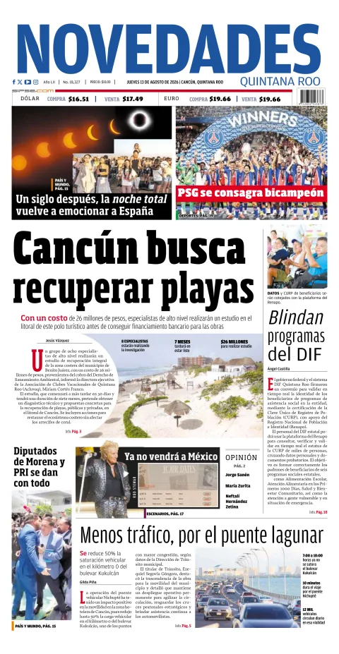 Portada de Novedades Quintana Roo del 2026-08-13