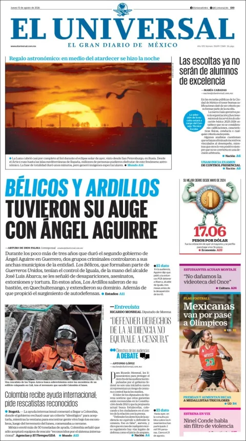 Portada de El Universal del 2026-08-13