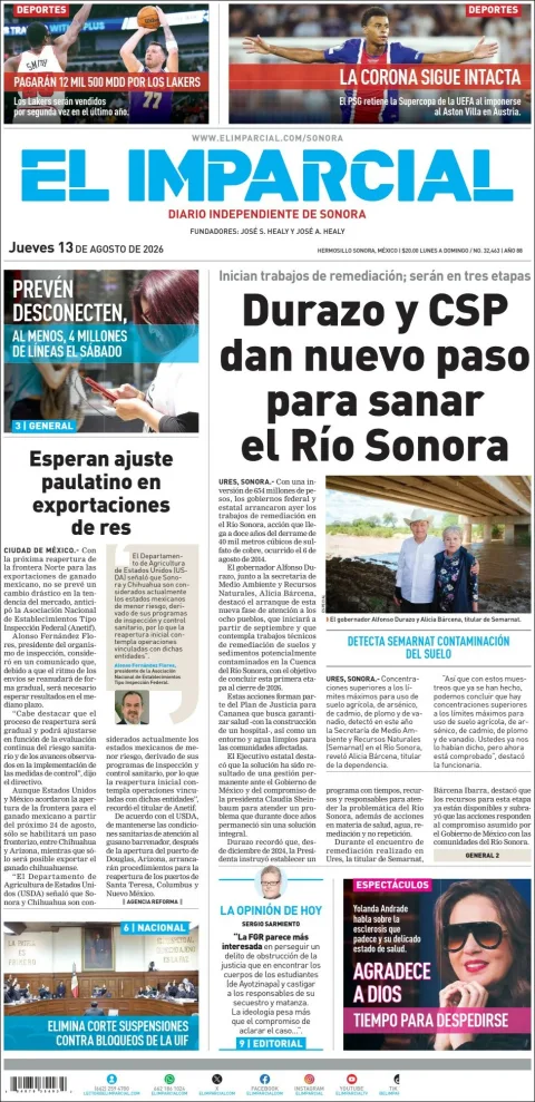 Portada de El Imparcial del 2026-08-13