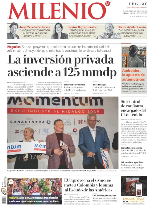 Portada de Milenio Hidalgo del 2026-08-13