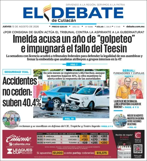 Portada de El Debate de Culiacan del 2026-08-13