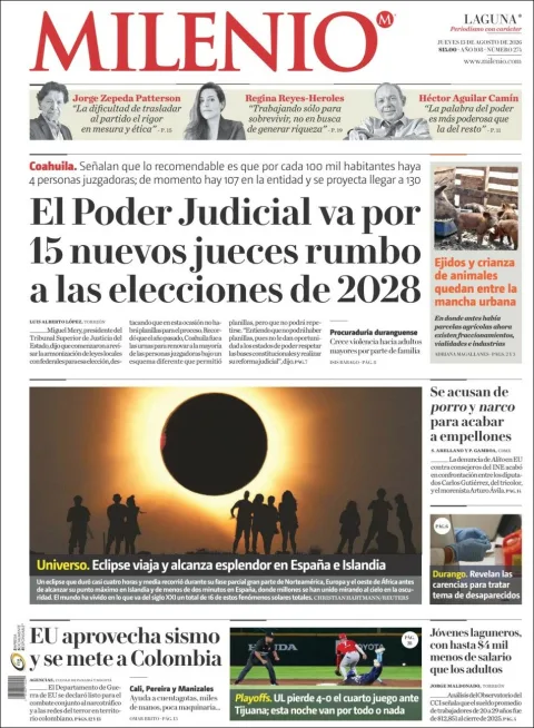 Portada de Milenio Laguna del 2026-08-13