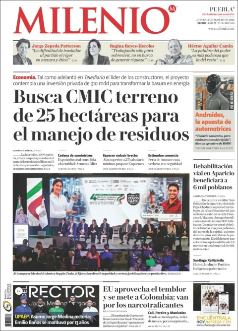Portada de Milenio Puebla del 2026-08-13