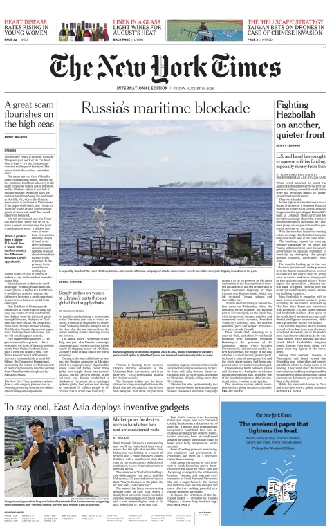 Portada de The New York Times (international) del viernes, 14 de agosto de 2026