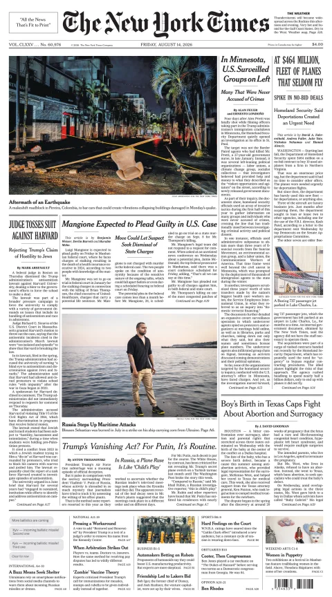 Portada de The New York Times (national) del 2026-08-14