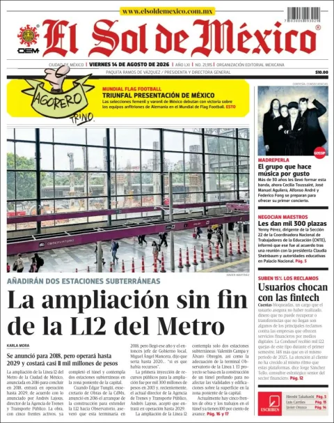 Portada de El Sol de Mexico del 2026-08-14
