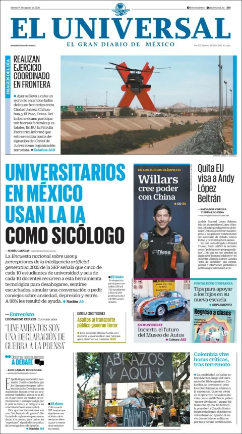 Portada de El Universal del 2026-08-14
