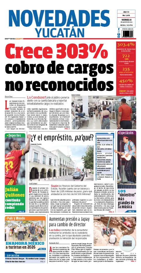 Portada de Novedades Yucatan del 2026-08-14