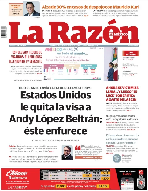 Portada de La Razon del 2026-08-14