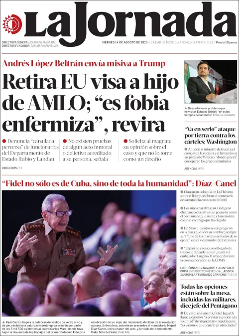 Portada de La Jornada del 2026-08-14