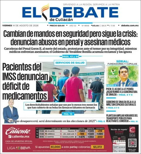 Portada de El Debate de Culiacan del 2026-08-14