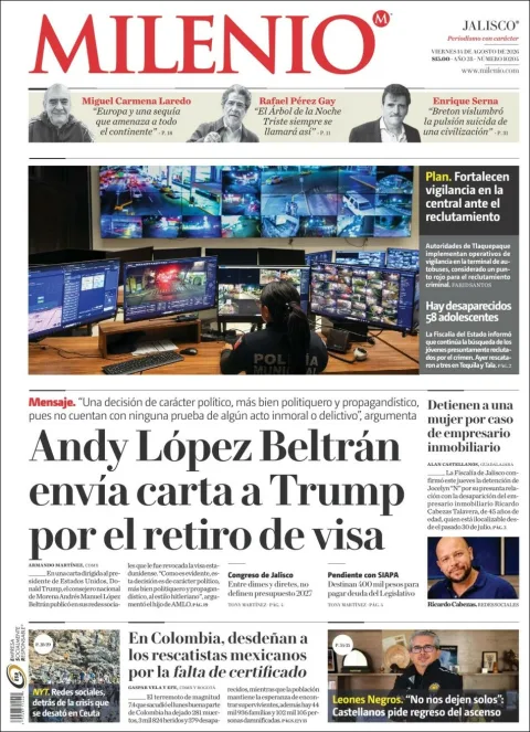 Portada de Milenio Jalisco del 2026-08-14