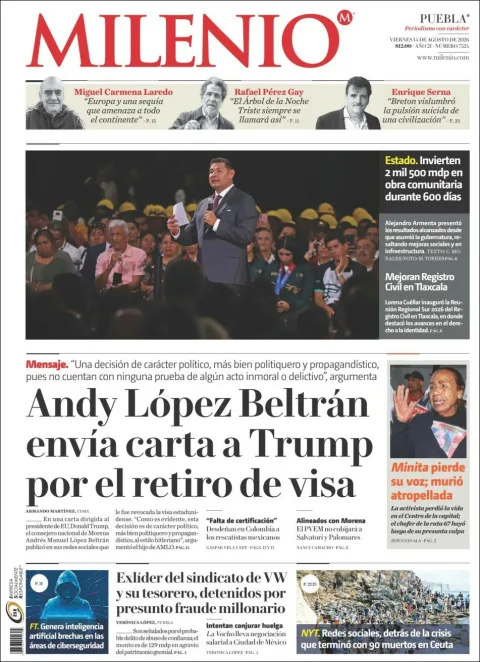 Portada de Milenio Puebla del 2026-08-14