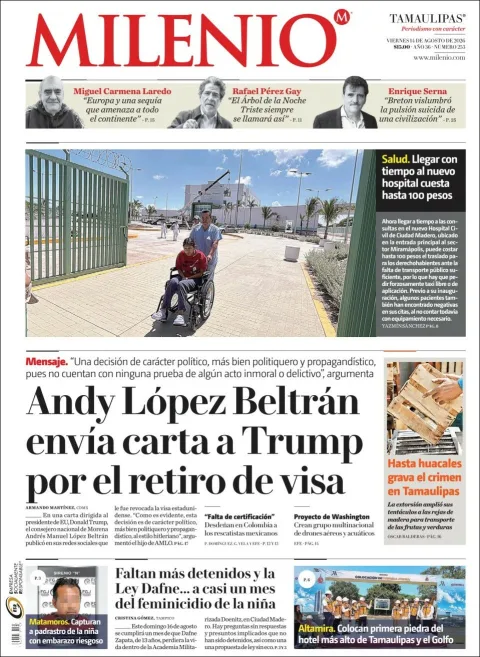 Portada de Milenio Tamaulipas del 2026-08-14