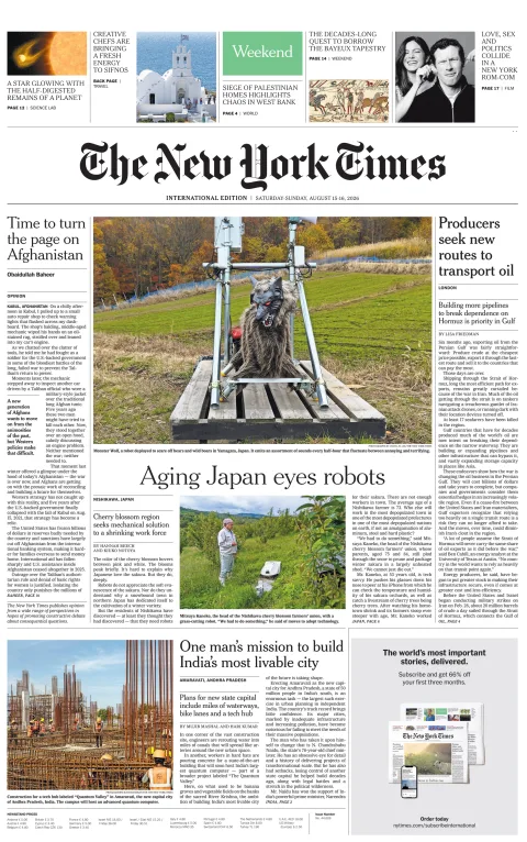 Portada de The New York Times (international) del sábado, 15 de agosto de 2026