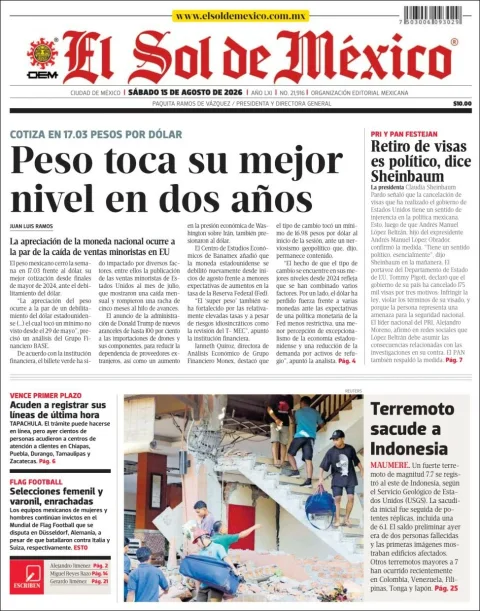 Portada de El Sol de Mexico del 2026-08-15