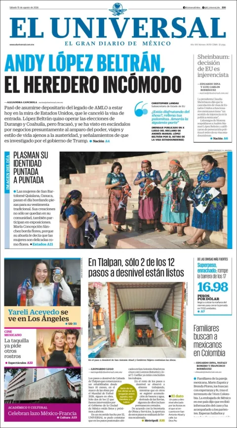Portada de El Universal del 2026-08-15
