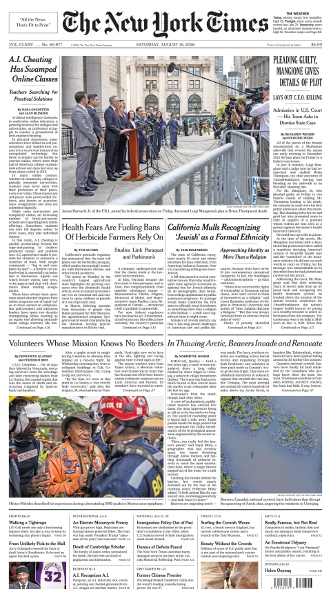 Portada de The New York Times (new York) del 2026-08-15