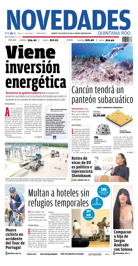 Portada de Novedades Quintana Roo del 2026-08-15