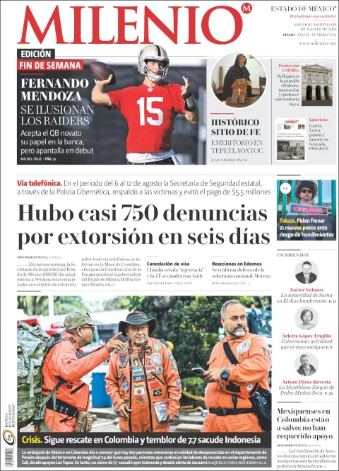 Portada de Milenio Edo de Mexico del 2026-08-15