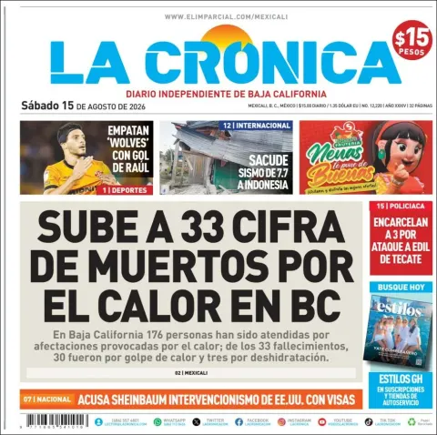 Portada de La Cronica del 2026-08-15