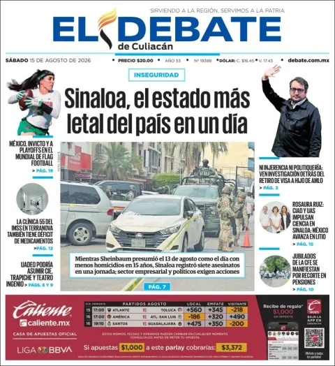Portada de El Debate de Culiacan del 2026-08-15