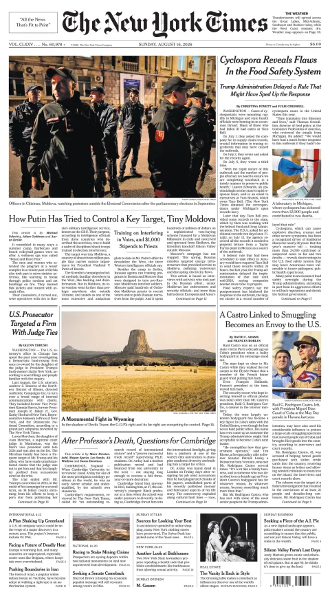 Portada de The New York Times (national) del domingo, 16 de agosto de 2026