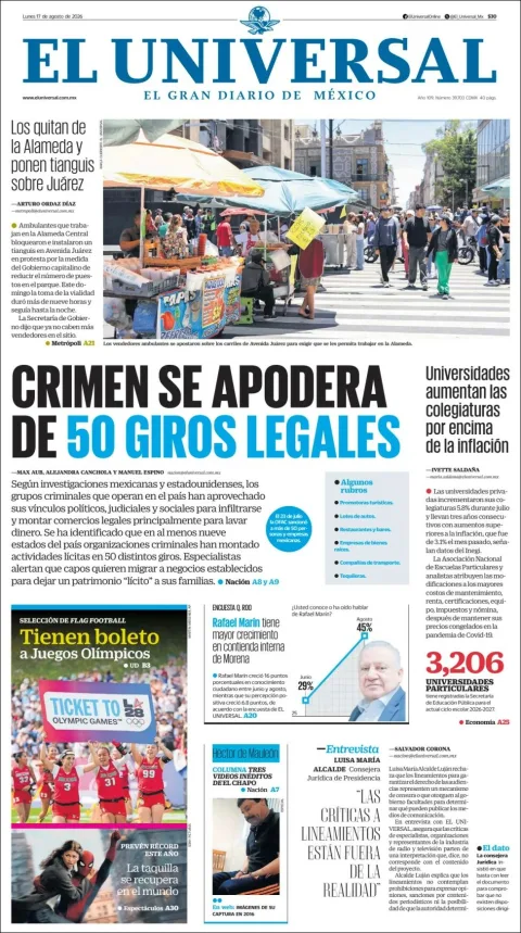 Portada de El Universal del 2026-08-17