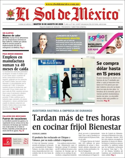 Portada de El Sol de Mexico del 2026-08-18