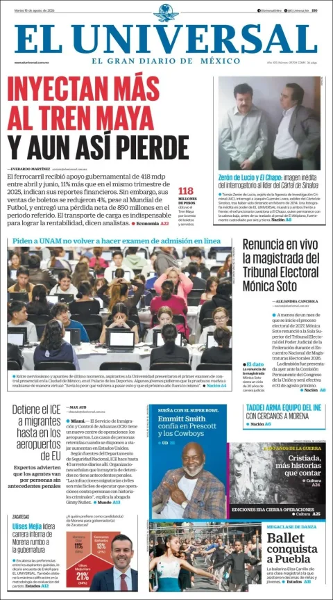 Portada de El Universal del 2026-08-18