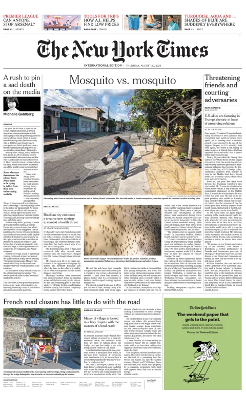 Portada de The New York Times (international) del jueves, 20 de agosto de 2026