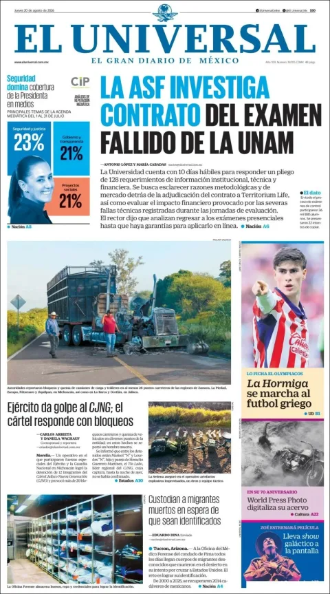 Portada de El Universal del 2026-08-20