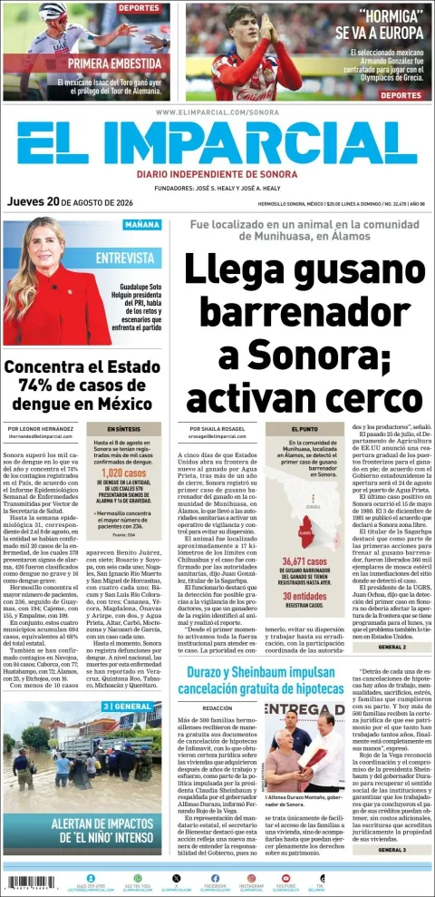 Portada de El Imparcial del 2026-08-20