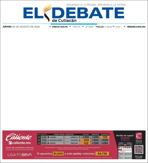 Portada de El Debate de Culiacan del 2026-08-20