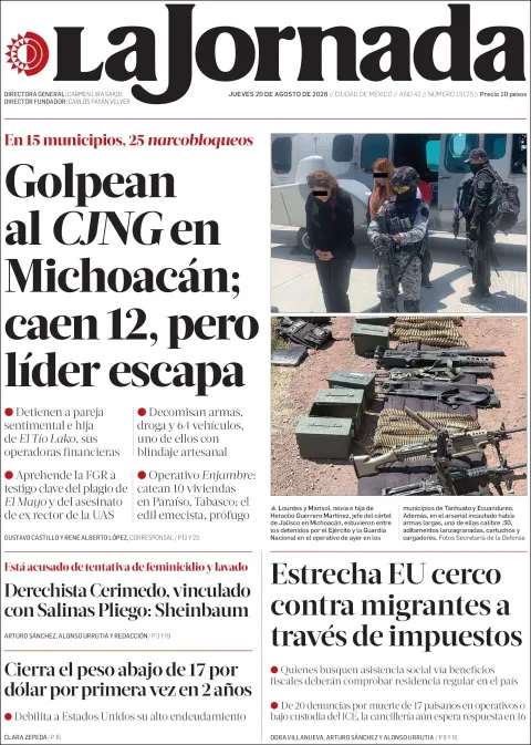 Portada de La Jornada del 2026-08-20