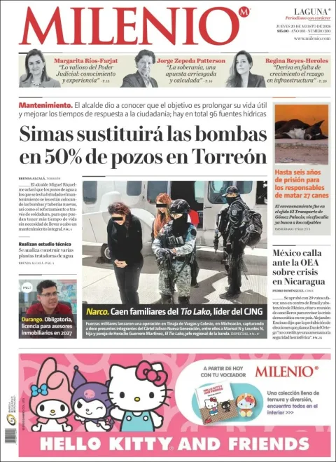 Portada de Milenio Laguna del 2026-08-20