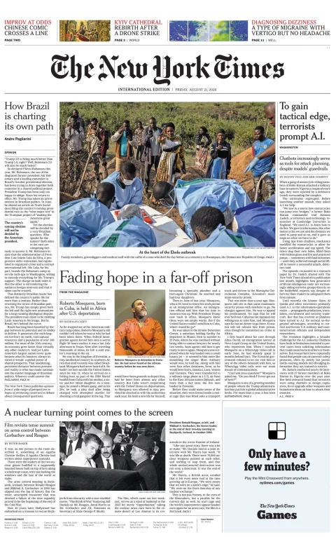 Portada de The New York Times (international) del viernes, 21 de agosto de 2026