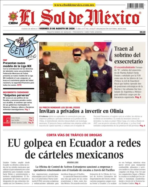 Portada de El Sol de Mexico del 2026-08-21
