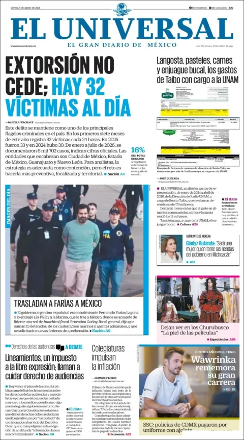 Portada de El Universal del 2026-08-21