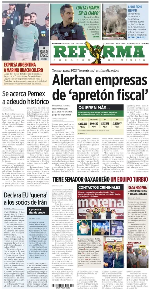 Portada de Reforma del 2026-08-21