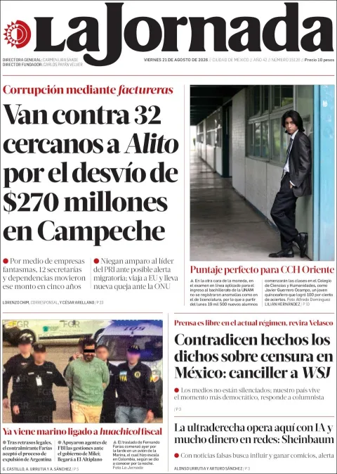 Portada de La Jornada del 2026-08-21