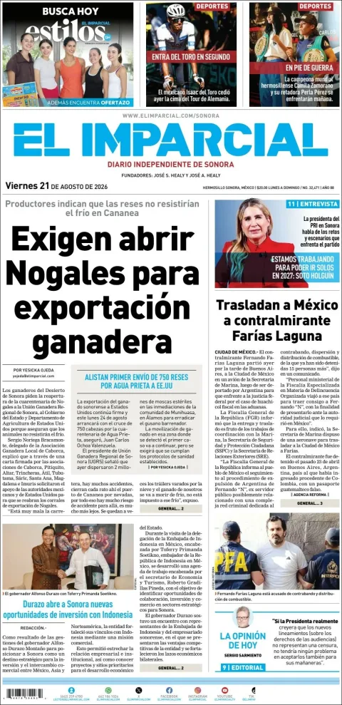 Portada de El Imparcial del 2026-08-21