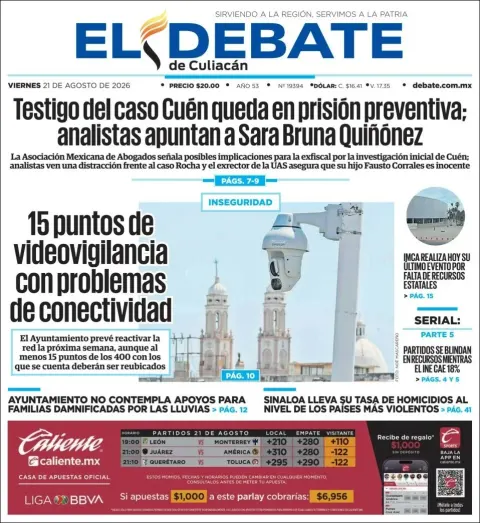 Portada de El Debate de Culiacan del 2026-08-21